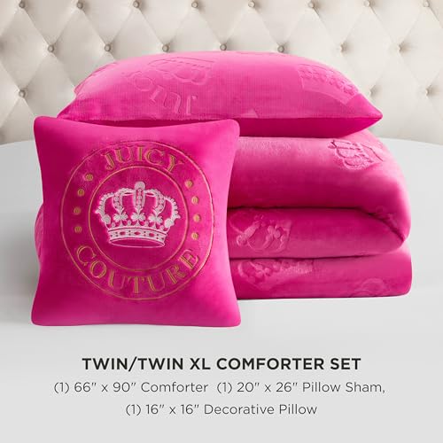 Image of Juicy Couture Plush Reversible Embossed Crown 3-Piece Twin /Twin XL Comforter Set with Decorative Pillow, Hot Pink