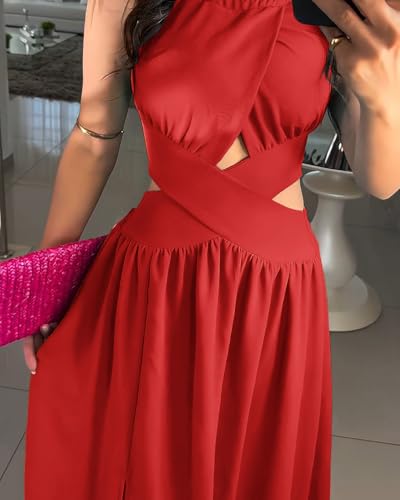 Image of CHICME Women's Sleeveless Halter Neck Dress Criss Cross Tie Back Split High Maxi Dress
