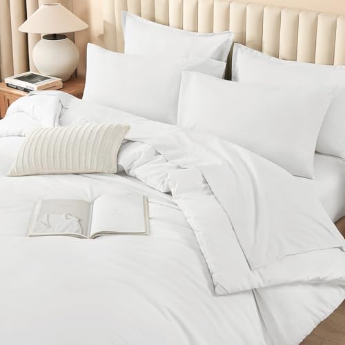 Image of Litanika Comforter Queen Size Set White - 7 Pieces Bed in a Bag Queen Bedding Comforter Sets, Plain Lightweight Bed Set with Comforter, Sheets, Pillowcases & Shams
