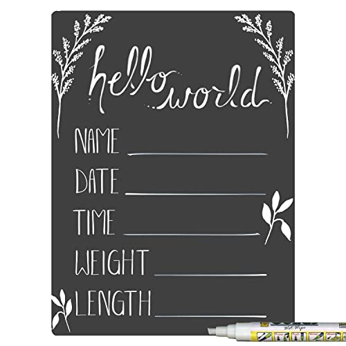Cohas Hello World Newborn Baby Announcement Sign with Chalkboard Style Surface, 9 by 12 Inches, White Marker