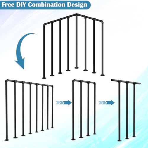 Porch Deck Railing Kit, Metal Deck Balusters, Black Horizontal Wrought Iron Guard Fence Handrail, Flat Hand Rails System for Outdoor/Indoor Porch, Balcony, Patio, 1 Pack
