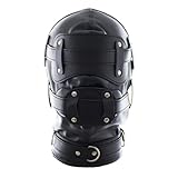 Black Leather Blindfold Head Hood, Adjustable Cosplay Face Mask for Role Play and Halloween