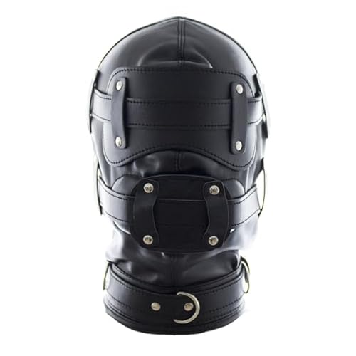 Black Leather Blindfold Head Hood, Adjustable Cosplay Face Mask for Role Play and Halloween