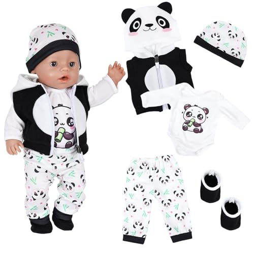 5 Stück Puppenkleidung für Baby Puppen 35-43 cm 14-18 Zoll Niedlich Panda Muster Jumpsuit Set Enthält Hut Socken Lange Ärmel Hose und Weste Puppenkleidung für Mädchen Jungen & Puppensammlerr