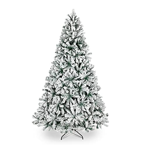Bonnlo 7.5 ft Unlit Snow Flocked Hinged Artificial Christmas Pine Tree Full 1450 Tips Branch w/Sturdy Metal Stand for Holiday Xmas Indoor and Outdoor Decoration