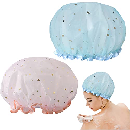 IOSPKKIO® 2 gorros de ducha, elásticos impermeables gorros de ducha para mujer, reutilizables, de plástico, para niñas, mujeres, viajes, PVC (azul, rosa)