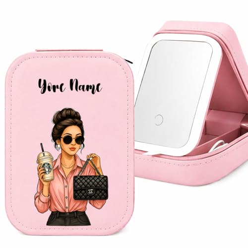 Image of PRIMIT LED Travel Jewelry Case and Makeup Bag with Mirror, Dust-Proof Jewelry Box, 10 Sealed Jewelry Bags - Compact Cosmetic Mirror Case for Women Girls Travel Essentials (Fashionista Bella)