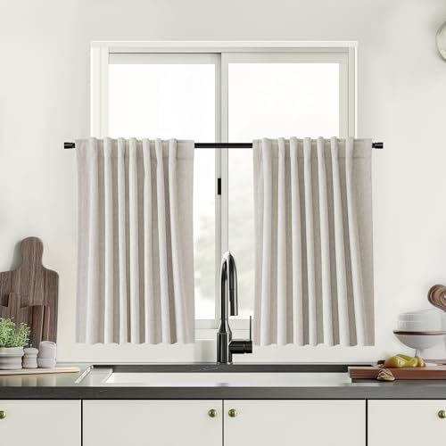 UHITECH 35 Inch Long Short Linen Blackout Curtains for Bedroom, Natural