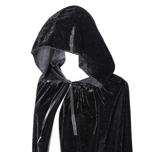 Umhang mit Kapuze, Cape Satin Vampir für Damen/Herren/Kinder, Mantel für Halloween Karneval Kostüm,Schwarz