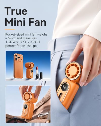 Mini Clip on Fan Handheld, 3000mAh Rechargeable Portable Fan with LED Display, 3-in-1 Personal Cooling Fan, 5 Speeds Quiet USB C Fan for Stroller Desk Travel Camping Office for Women Men Kids, Orange — view 4