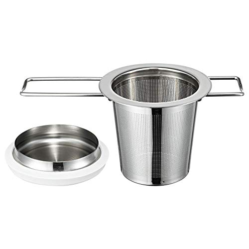 Infuser Basket for Loose Leaf Tea and Coffee, Fine Mesh Steeping Strainer with 304 Stainless Steel & Heat Resist Silicone Ring, Collapsible Handle with Dual Use for Lid & Drip Tray Fits Standard Cups