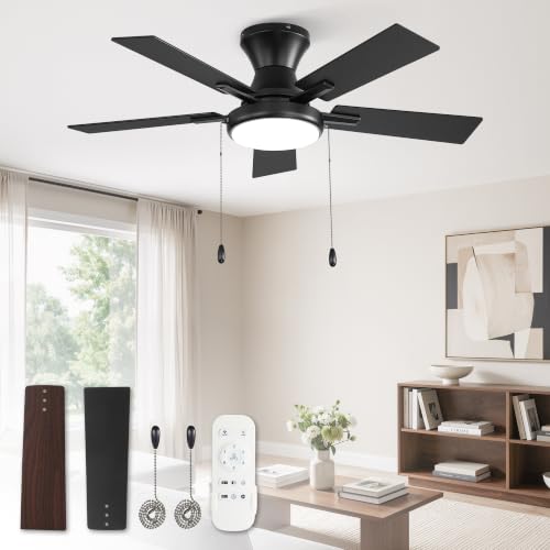 ZMISHIBO 42inch Ceiling Fans with Light Pull Chain and Remote Control Black