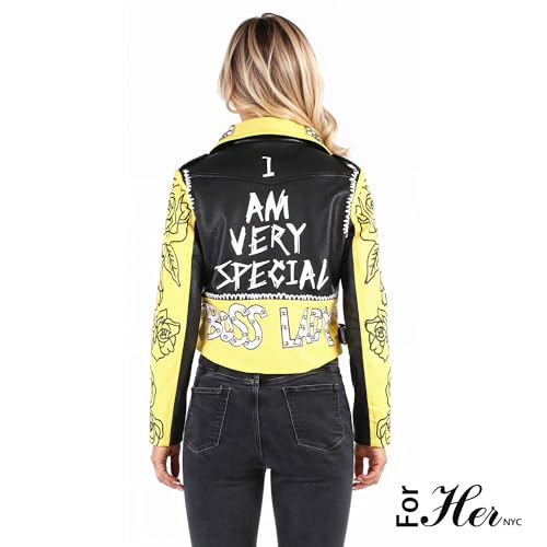 ForherNYC Women's Faux Leather Moto Jacket with Pins, Studs, Belt & Floral Sleeves – Regular, Plus - 816484