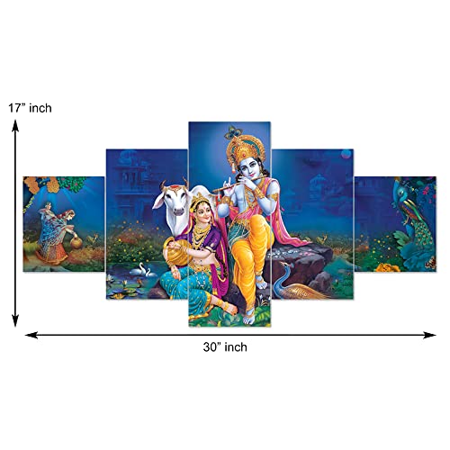 Image of Clasiko Set Of 5 Pcs 3D Wall Painting With Frame; 17x30 Inches; Radha Krishna With Cow