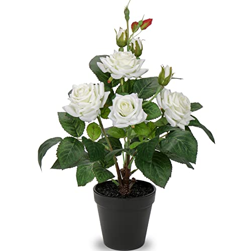 Artificial Plants & Flowers In Vase White Roses Artificial Flowers Potted Plant Faux Silk Flower With Black Pot Fake Rose Flower Arrangement Home Decor Office Bathroom Shelf Desk Decoration 15 Inch #TOP26