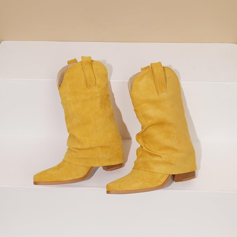 Fold Over Boots for Women Cowboy Boots Pull On Chunky Heel Pointed Toe Boots Western Cowgirl Casual Mid Calf Boots3