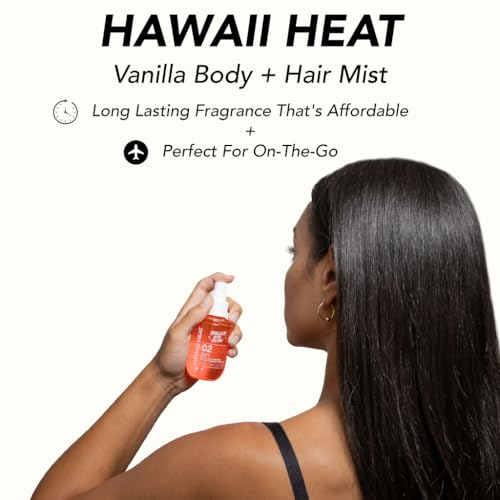 Image of Holler And Glow Hawaii Heat Vanilla Body & Hair Mist, Body Spray For Women, Hair Perfume For Women, Delicate Peony, Amber Scented, Warm & Sweet, Travel Sized, 3.38 Fl Oz