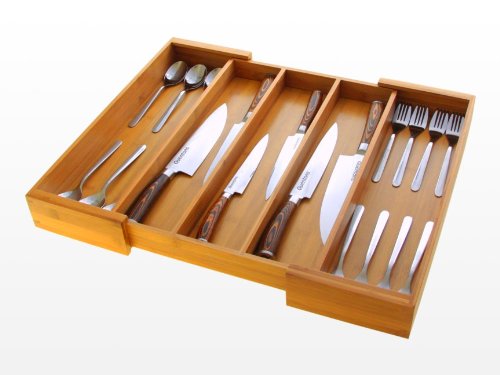 Woodquail Bandeja para Cubertería, Organizador de Cajones Expandible Ajustable, 5 Compartimentos (32,5 - 56,5 x 46 cm), Hecho de Bambú Natural Cover