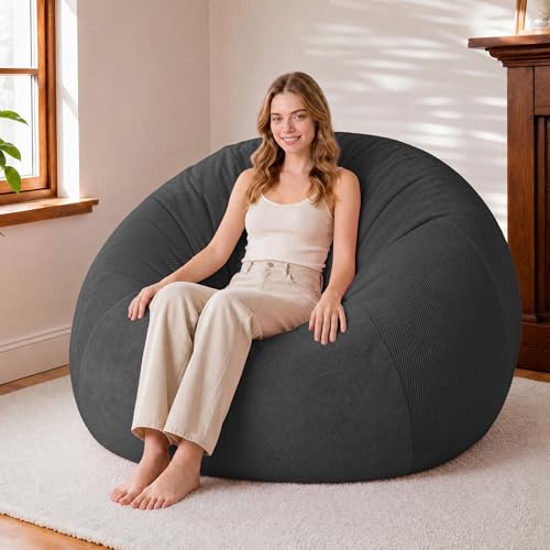 Image of HABUTWAY 4FT Bean Bag Chair Teardrop Bean Bag Chairs for Adults beanbag with Memory Foam Filled with Dual-Tone Unique Combination Corduroy & Luxury Distressed Velvet Washable Cover,Corduroy Black