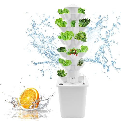 30 Pods Hydroponics Tower Garden Hydroponic Growing System, 6 Etagen Hydroponics Vertical Growing Kit, Aeroponik-Turm mit Hydratisierungspumpe, Adapter und Saatbett (Weiß)