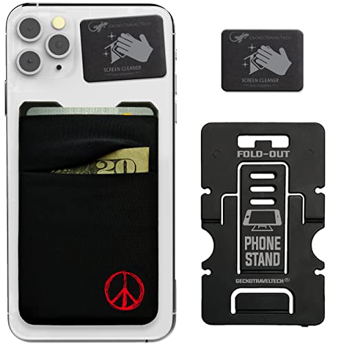 Image of Gecko Travel Tech Double Pocket - Adhesive Card Holder - Cell Phone Pouch - Stick on Spandex Pocket - Carry Credit Cards and Cash (PEACE)