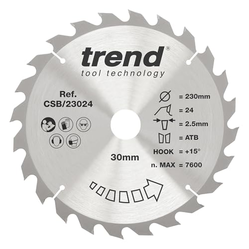 Trend Wood Circular Saw Blade, 230mm Diameter, 30mm Bore, 24 Teeth, 2.5mm Kerf, +15° Hook, TCT, Coarse Finish, CSB/23024
