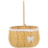 BESPORTBLE Cesta de Mimbre Tejida a Mano con Asas Cesta de Almacenamiento Decorativa con Borlas para Flores y Organización del Hogar y Resistente de Color Amarillo Claro Estilo Aleatorio