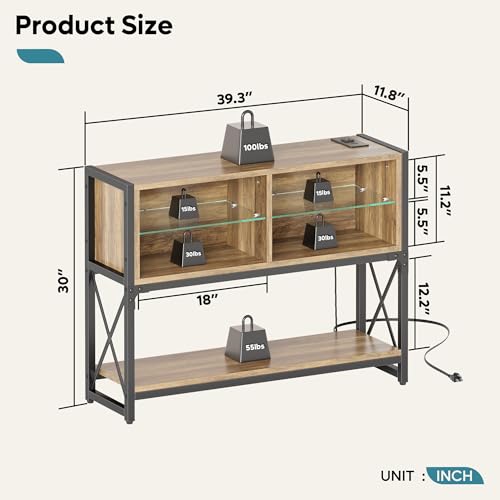 Bestier Coffee Corner Bar Cabinet for Living Room, Sideboard Table Buffet with LED Console Table with Open Storage & Glass Shelves, Display Shelf Kitchen,(Wood)