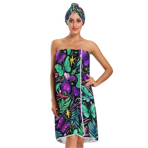 Bulletgxll Butterflies and Leaves Women's Shower Wrap Towel Set of 3 Adjustable Spa Body Wrap Super Absorbent Bathrobe with Hair Towel & Headband