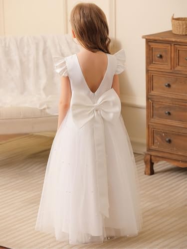 Flower Girl Dress V-Back Sleeveless Pearl Tulle Pageant Maxi Gown First Communion2