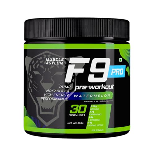 Image of Muscle Asylum F9 Pro Pre-Workout - 30 Servings, 300 Gm (Watermelon) | Boosts Energy & Endurance | Improves Focus,Powder