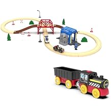 Toy Electric Train Set for Wooden Tracks, Battery Powered Motorized Trains Toys with 52Pcs Railway System Compatible with Thomas & Friends, Brio