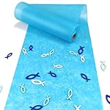 VOPIWOZ 30cm x 10m dekoratives Tischband, Vlies Tischläufer Blau, Tischläufer Frühling, Enthält 45 Holzfische Kommunion Deko, Taufe Deko Junge und Mädchen, Tischläufer Moderne für Konfirmation Deko