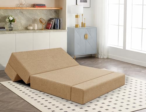 Image of Los Angeles Foldable One Seater Sofa Cum Bed, Sofa Bed 3 X 6 Feet Jute Fabric Washable Cover- Including Cushion Perfect for Living Room - Golden Color