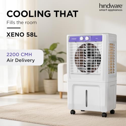 Image of Hindware Smart Appliances Xeno 58L Personal Air cooler | Fan Based | 13 Inc. Fan Blade and Ice Chamber | White & Lavender