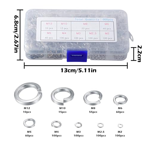 Edelstahl Federringe Set, 600 Stück Sperringe, Spiralförmige Unterlegscheiben, M2/M2.5/M3/M4/M5/M6/M8/M10/M12, Federscheiben für Heimwerken und Handwerk
