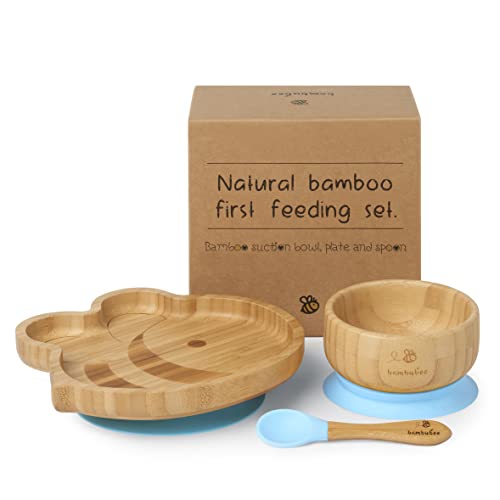 Bambubee Natural Bamboo Baby Feeding Set - Baby & Toddlers Bamboo Bee Plate, Bowl & Spoon - Stay-Put Suction Set for Child’s First Feeding - Baby Weaning Gift Set for Baby Shower & New Parents