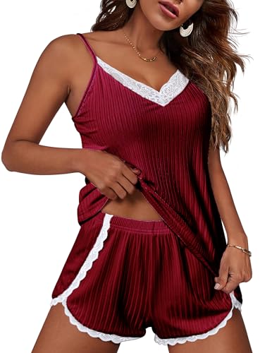 Image of Ekouaer Womens Pajama Sets Soft Lingerie Sleepwear 2 Piece Cami Shorts Set V Neck Pj Lace Nightwear