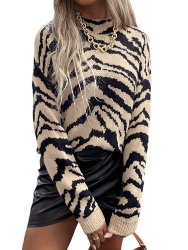 GORGLITTER Oversize Pullover Damen Herbst Strick Zebra Strickpullover Mit Stehkragen Winterpullover Langarm Strickpulli Mit Tiger Print Sweater Winter...