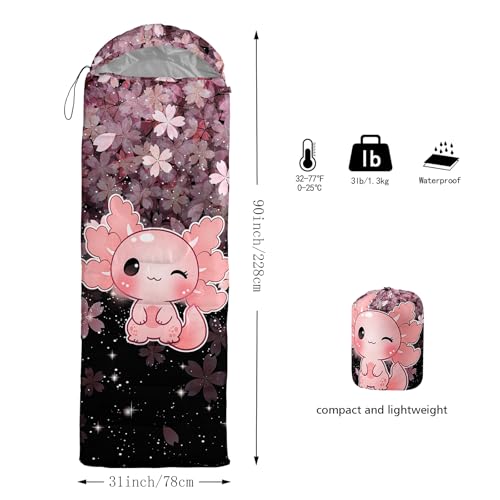 Bolsa de dormir QOOMO Axolotl Cherry Blossom para camping, 3 estaciones, ligera y resistente al agua para adultos y niños miniatura 6