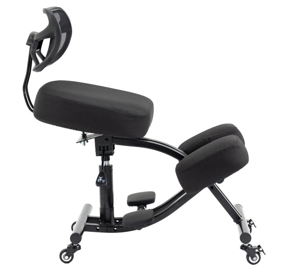 BLACK POINT O'KNEEL Pro – Chaise Ergonomique en Lin avec Repose-Genoux | Chaise réglable avec Dossier Respirant et roulettes | Améliore la Posture et réduit la Douleur | Housse en Lin Noir Incluse