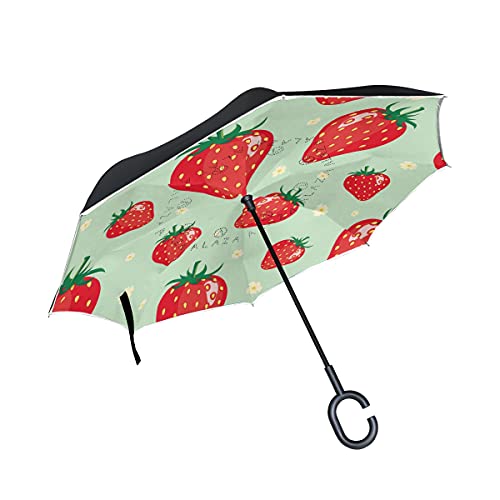 Parapluie inversé coupe-vent résistant aux UV double couche pour femme motif fraise