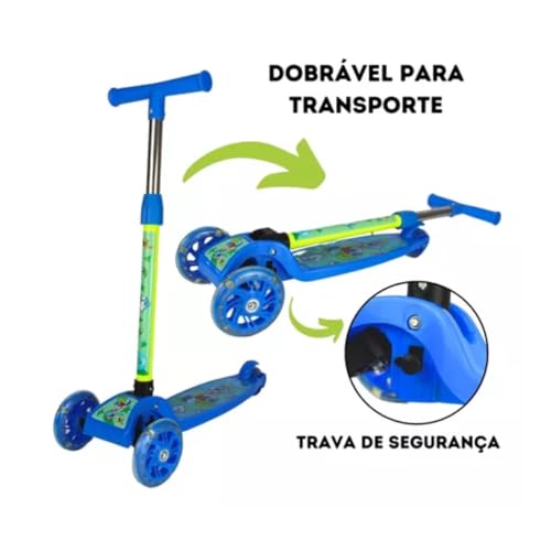 Patinete Infantil Dobrável, 3 Rodas com Luzes, Altura Ajustável, Freio, Suporta 40 Kg, Plástico e Aç