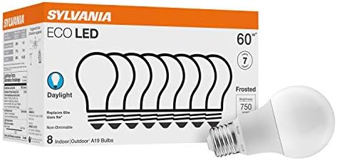 SYLVANIA ECO LED A19 Light Bulb, 60W Equivalent, Efficient 9W, 7 Year, 750 Lumens, Non-Dimmable, Frosted, 5000K, Daylight - 8 Pack (40883)