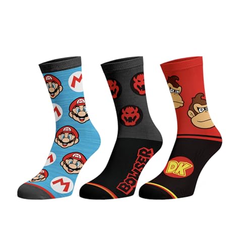 Bioworld Nintendo Super Mario Men's Bowser Donkey Kong Mario 3-Pack Mid-Calf Adult Crew Socks