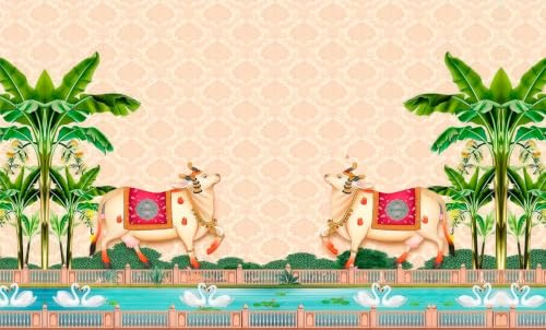 Image of Pooja backdrops for Decoration | Pastel Peach Kamadhenu pichwai Backdrop Cloth Decoration 5x8 Feet | Lakshmi puja Backdrop