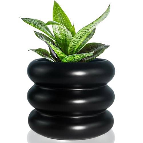Cusmation Maceta moderna de 4.7 pulgadas para plantas suculentas de cerámica esmaltada negra para macetas únicas de interior, maceta con agujeros de drenaje, porcelana de burbujas pequeñas para