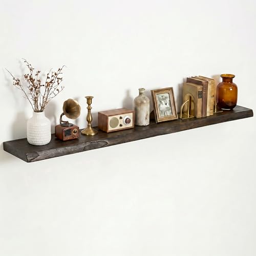 Image of Dreamland 55 Inch Floating Shelves for Wall, Solid Elm Wood Live Edge Wall Shelves for Living Room, Bedroom, Kitchen, Bathroom, Wall Mounted Long Floating Shelf Set of 1, Walnut