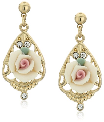 1928 Jewelry Gold-Tone Ivory Color Porcelain Rose with Crystal Accent Filigree Drop Earrings 1928 Jewelry Gold-Tone Ivory Color Porcelain Rose with Crystal Accent Filigree Drop Earrings