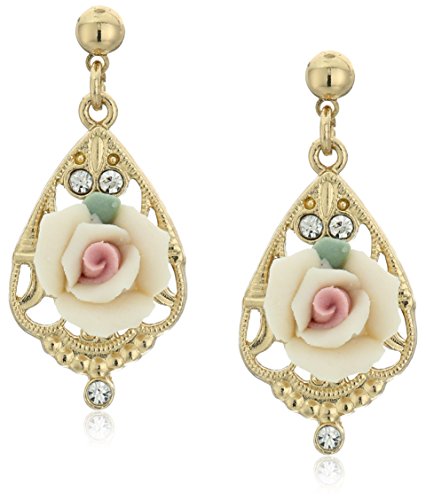 1928 Jewelry Gold-Tone Ivory Color Porcelain Rose with Crystal Accent Filigree Drop Earrings